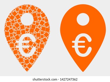 Dotted and flat euro map marker icons. Vector mosaic of euro map marker combined with scattered square dots and round dots.