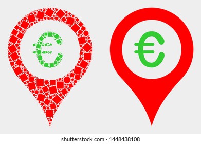 Dotted and flat euro map marker icons. Vector mosaic of euro map marker constructed of randomized square particles and spheric items.