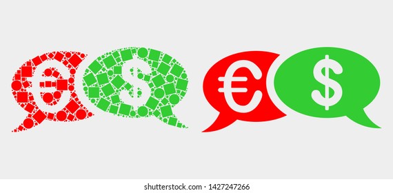Dotted and flat financial chat messages icons. Vector mosaic of financial chat messages designed of random square dots and spheric dots.