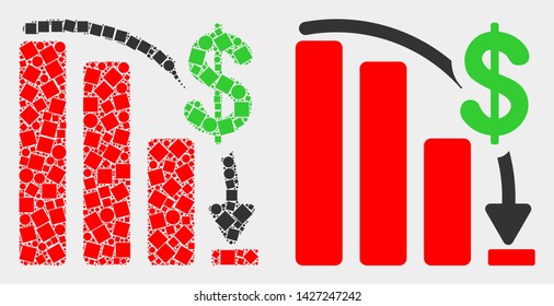 Dotted and flat financial epic fail chart icons. Vector mosaic of financial epic fail chart formed of scattered square particles and circle items.