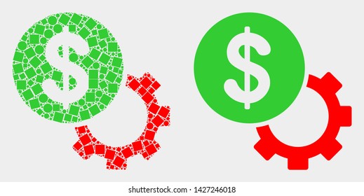 Dotted and flat financial options gear icons. Vector mosaic of financial options gear composed of random square dots and circle dots.