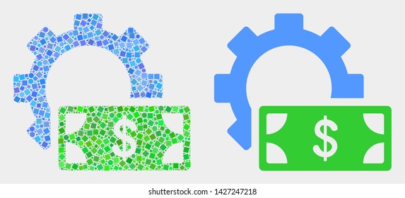 Dotted and flat financial settings gear icons. Vector mosaic of financial settings gear formed of irregular small squares and circle dots.