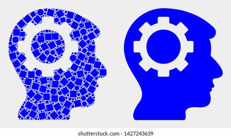 Dotted and flat gear thinking head icons. Vector mosaic of gear thinking head designed of scattered small squares and round items.