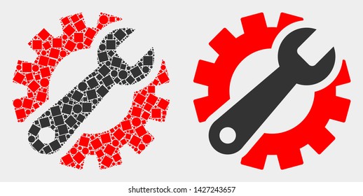 Dotted and flat gear tools icons. Vector mosaic of gear tools formed of scattered square dots and circle dots.