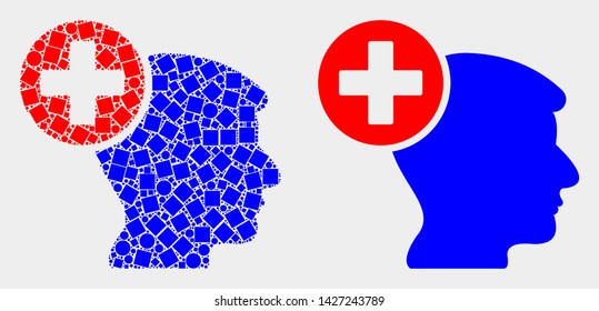 Dotted and flat head medicine icons. Vector mosaic of head medicine combined of irregular square particles and spheric items.