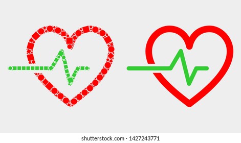 Dotted and flat heart pulse icons. Vector mosaic of heart pulse formed of scattered rectangle elements and round dots.