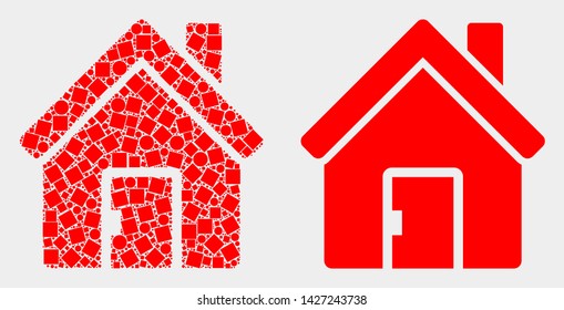 Dotted and flat home icons. Vector mosaic of home composed of irregular square elements and spheric elements.