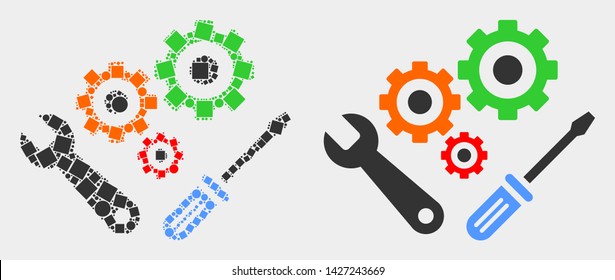 Dotted and flat instrumental tools icons. Vector mosaic of instrumental tools constructed of random square elements and spheric elements.