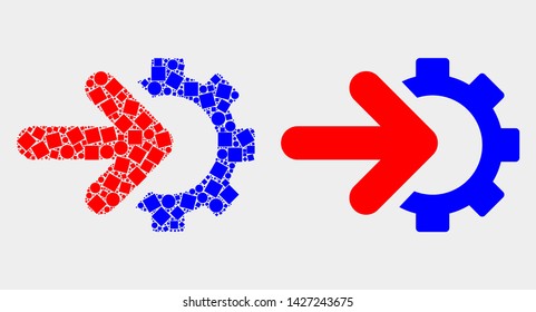 Dotted and flat integration gear icons. Vector mosaic of integration gear formed of irregular square pixels and round pixels.