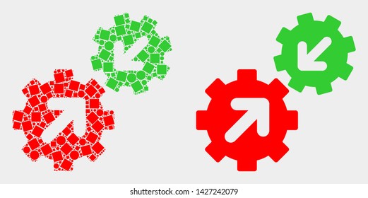 Dotted and flat integration gears icons. Vector mosaic of integration gears created of irregular rectangle elements and round points.