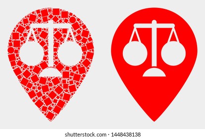 Dotted and flat justice map marker icons. Vector mosaic of justice map marker designed with random dots and circle dots.