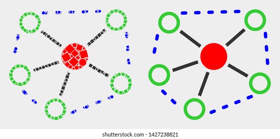Dotted and flat links icons. Vector mosaic of links formed of random square dots and spheric dots.
