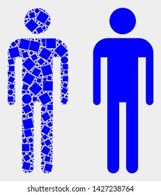 Dotted and flat man icons. Vector mosaic of man created of irregular dots and circle dots.