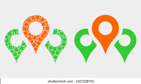 Dotted and flat map markers icons. Vector mosaic of map markers designed of randomized rectangle elements and spheric items.
