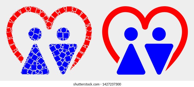 Dotted and flat married persons icons. Vector mosaic of married persons constructed of irregular square pixels and circle pixels.