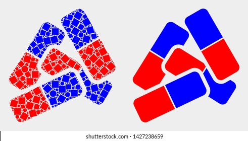 Dotted and flat medical pills icons. Vector mosaic of medical pills organized of randomized rectangle elements and round elements.