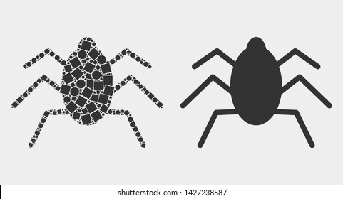 Dotted and flat mire tick icons. Vector mosaic of mire tick composed of random square elements and round elements.