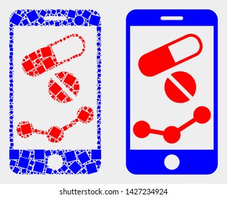 Dotted and flat mobile pharmacy chart icons. Vector mosaic of mobile pharmacy chart designed of random square dots and circle dots.