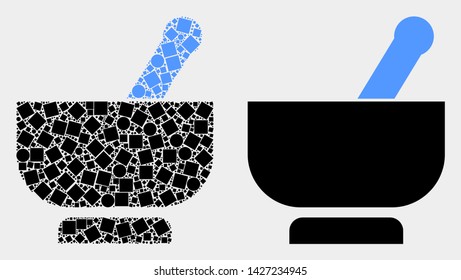 Dotted and flat mortar icons. Vector mosaic of mortar constructed of randomized square dots and circle dots.