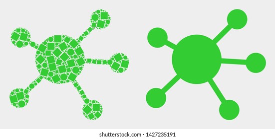 Dotted and flat node links icons. Vector mosaic of node links designed of scattered square dots and circle dots.