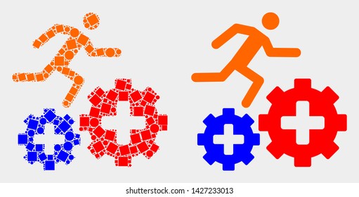Dotted and flat patient run over gears icons. Vector mosaic of patient run over gears composed of randomized dots and spheric dots.