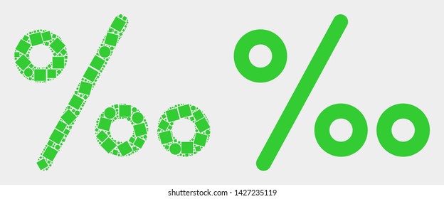 Dotted and flat per mille icons. Vector mosaic of per mille constructed of scattered square particles and round elements.