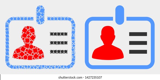Dotted and flat person badge icons. Vector mosaic of person badge organized of scattered square pixels and circle pixels.