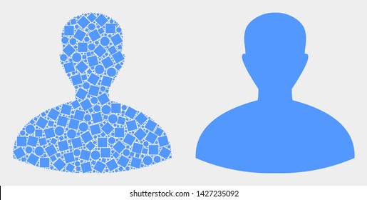 Dotted and flat person icons. Vector mosaic of person created of scattered square pixels and spheric pixels.