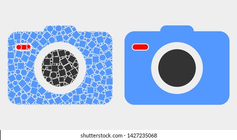 Dotted and flat photo camera icons. Vector mosaic of photo camera formed of scattered square dots and spheric dots.