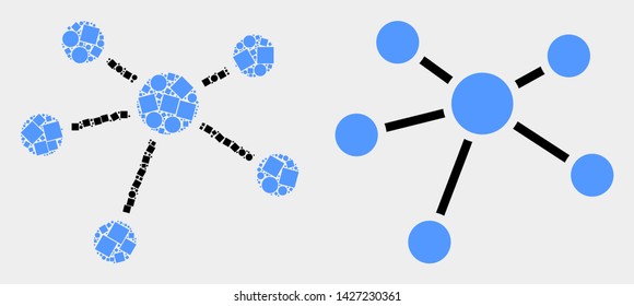 Dotted and flat relation links icons. Vector mosaic of relation links organized of random small squares and spheric pixels.