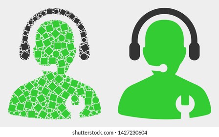 Dotted and flat repair service operator icons. Vector mosaic of repair service operator combined of randomized square dots and round elements.