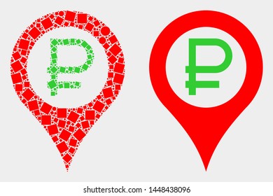 Dotted and flat rouble map marker icons. Vector mosaic of rouble map marker organized of scattered rectangle elements and circle elements.