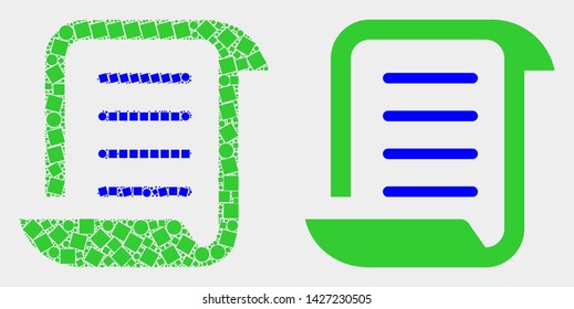 Dotted and flat scroll list icons. Vector mosaic of scroll list combined of random small squares and spheric points.