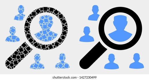 Dotted and flat search users icons. Vector mosaic of search users designed of irregular square dots and round dots.