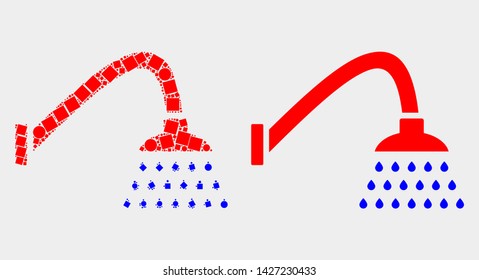 Dotted and flat shower icons. Vector mosaic of shower constructed of randomized small squares and circle items.