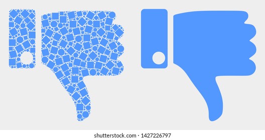 Dotted and flat thumb down icons. Vector mosaic of thumb down constructed of randomized square dots and round dots.