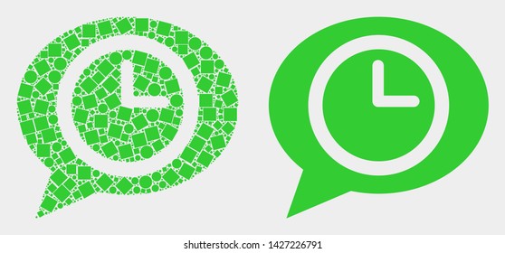 Dotted and flat time message balloon icons. Vector mosaic of time message balloon organized of scattered square particles and round pixels.