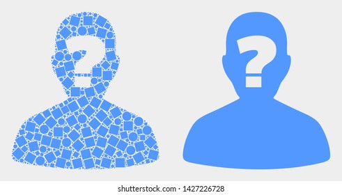 Dotted and flat unknown person icons. Vector mosaic of unknown person combined of randomized small squares and circle elements.