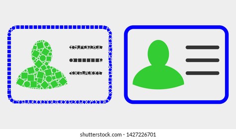 Dotted and flat user card icons. Vector mosaic of user card designed of randomized dots and round pixels.