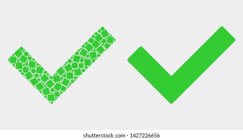 Dotted and flat validated tick icons. Vector mosaic of validated tick designed of scattered small rectangles and round pixels.