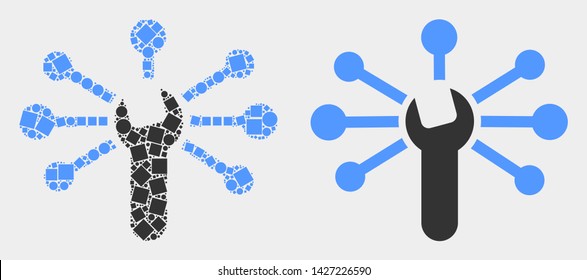 Dotted and flat wrench links icons. Vector mosaic of wrench links composed of random rectangle elements and round elements.