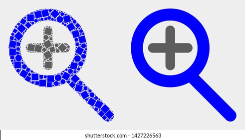 Dotted and flat zoom in icons. Vector mosaic of zoom in constructed of scattered square elements and spheric elements.