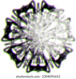 Dotted floral halftone mandala, with CMYK shift glitch effect. Optical  blur effect (when far or close), shifting the CMYK spectrum. Highlighted by lightening upper right sector.Vector.