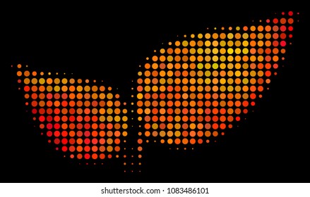 Dotted floral leaves icon. Bright pictogram in hot color tints on a black background. Vector halftone mosaic of floral leaves symbol combined of spheric dots.