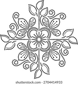 Dotted Floral Mandala Design Element of Central Quadraple Petals Flower with Rotating Center with Peripheral Tripetal Flowers with  Springs and Twigs Radiating towards Periphery with End on Leaves 