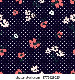 Dotted floral print on black background. Seamless vector pattern. Vintage print with small inflorescences. Retro textile collection.