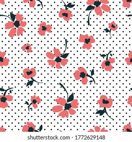 Dotted floral print on white background. Seamless vector pattern. Vintage print with small inflorescences. Retro textile collection.
