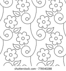 Dotted flowers leaves and vines seamless pattern in black and white, vector background