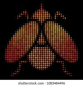 Dotted fly insect icon. Bright pictogram in hot color tones on a black background. Vector halftone composition of fly insect symbol composed of round dots.
