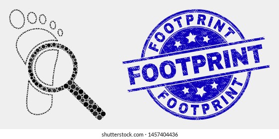 Dotted footprint audit magnifier mosaic pictogram and Footprint seal stamp. Blue vector rounded grunge seal stamp with Footprint phrase. Vector composition in flat style.